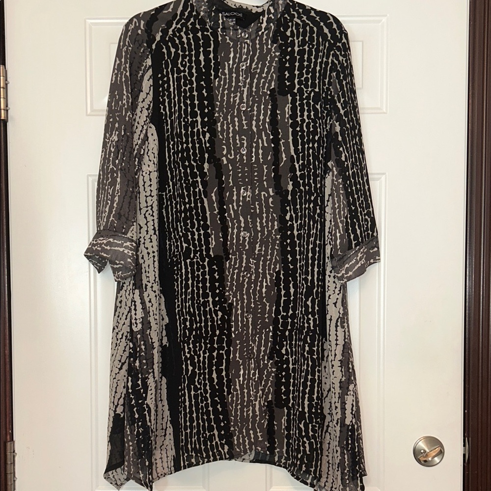 Saloos Button Shirt Duster M Black Patterned Versatile Sheer Classy Contemporary